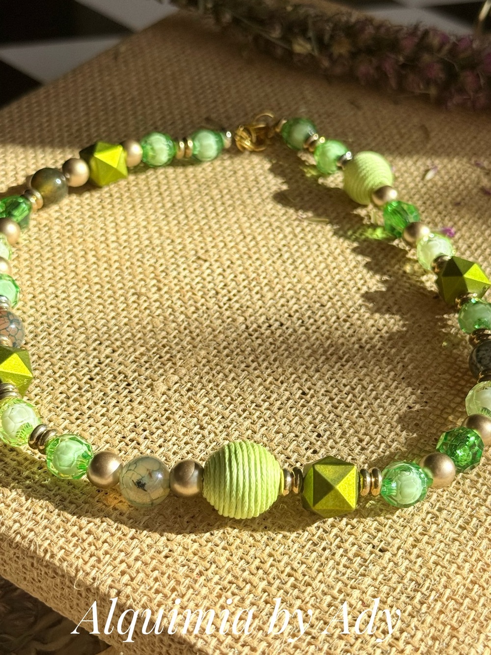 Lime and Olive Mixed Bead Necklace with green peridot accents